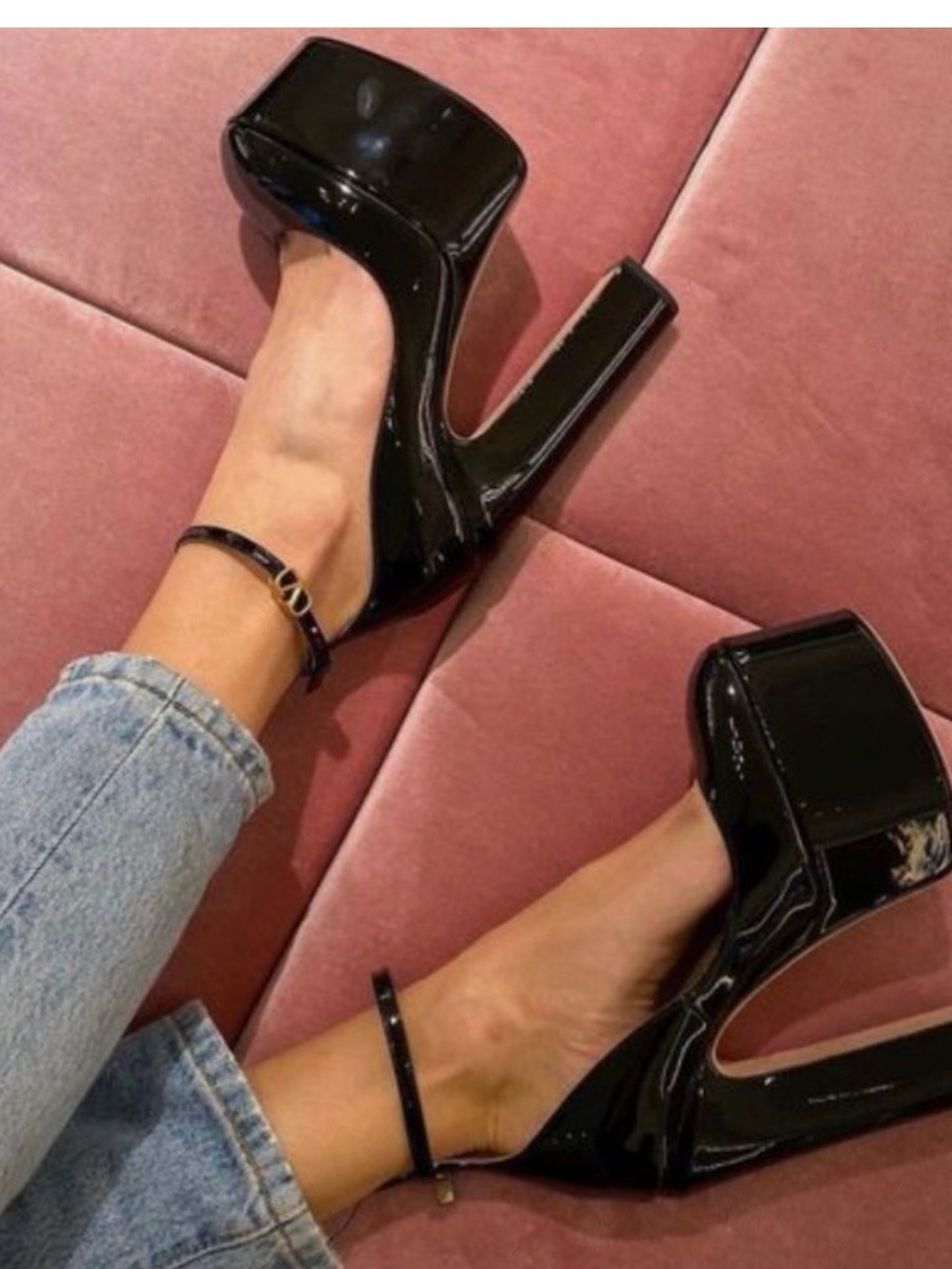 Women's Black Patent Platform Heel with Ankle Strap